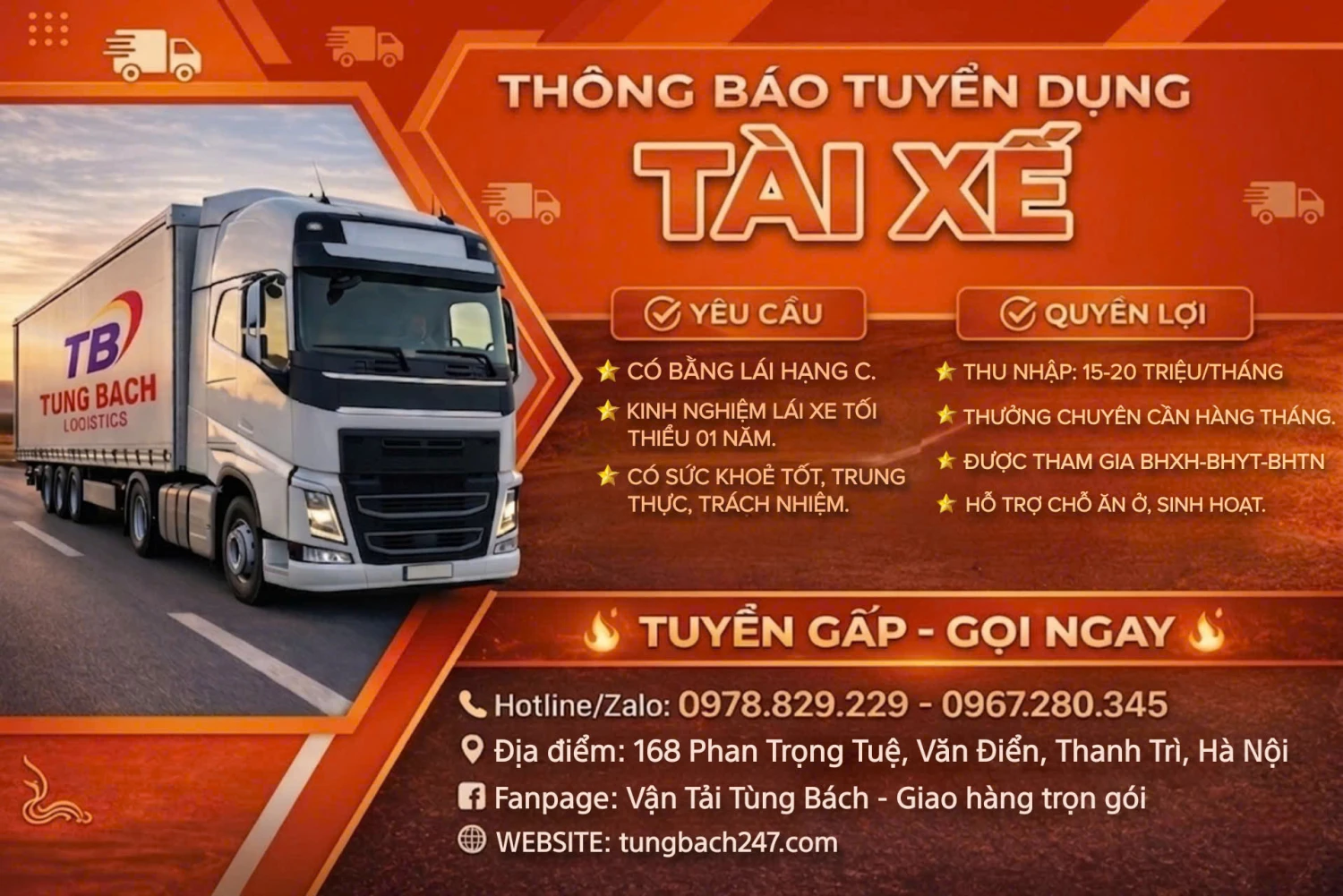 Tuyển Dụng Lái Xe Tải – Thu Nhập 15–20 Triệu/Tháng | Vận Tải Tùng Bách